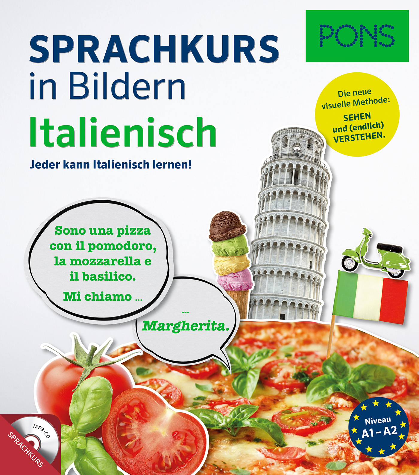 Umschlag eines deutsch-italienischen Sprachlernbuchs mit dem schiefen Turm von Pisa, italienischem Essen, einem Motorroller und der italienischen Flagge, mit Redewendungen in Sprechblasen.
