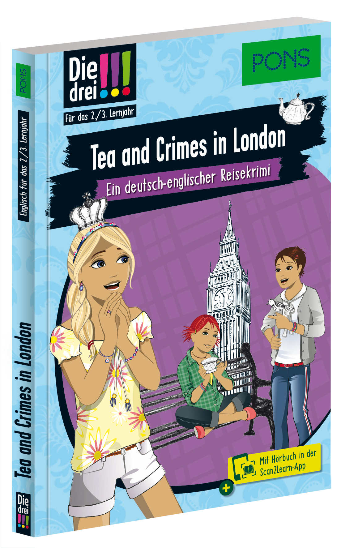 Buchumschlag für Tea and Crimes in London, mit drei illustrierten Teenagern und dem Uhrenturm Big Ben im Hintergrund. Der Text weist darauf hin, dass es sich um eine deutsch-englische Detektivgeschichte für Lernende handelt.