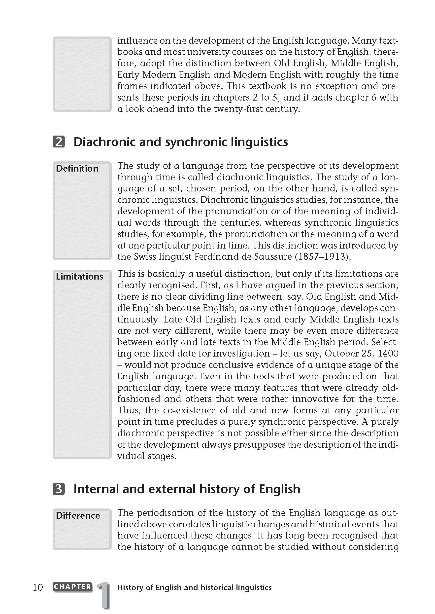 Lehrbuchseite zur diachronen und synchronen Linguistik, mit Definitionen, Einschränkungen und einem Überblick über die interne und externe Sprachgeschichte.