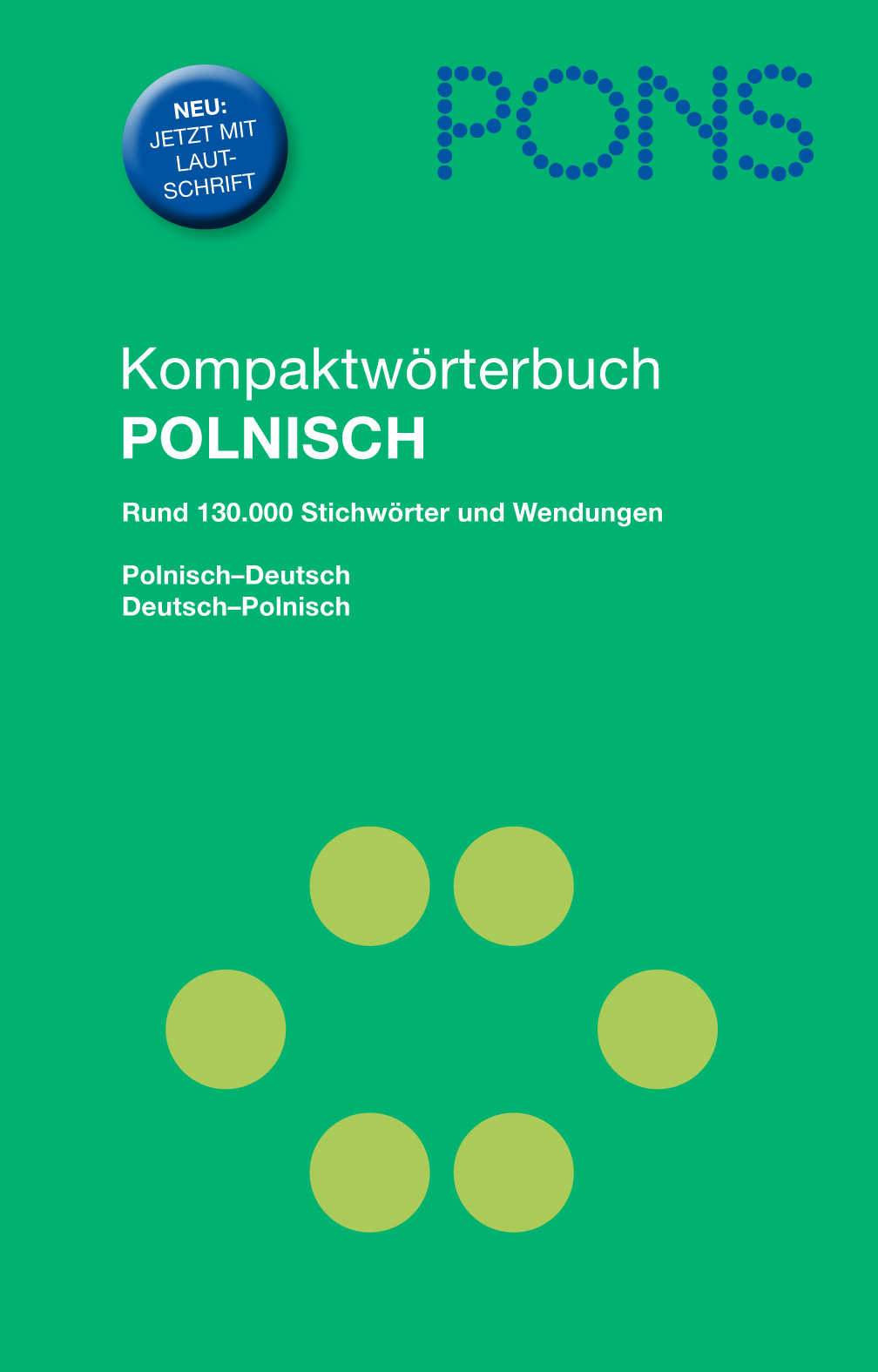 Grüner Einband eines polnisch-deutschen Kompaktwörterbuchs von PONS mit dem Titel und einem kreisförmigen gelb-grünen Punktmuster in der Mitte.