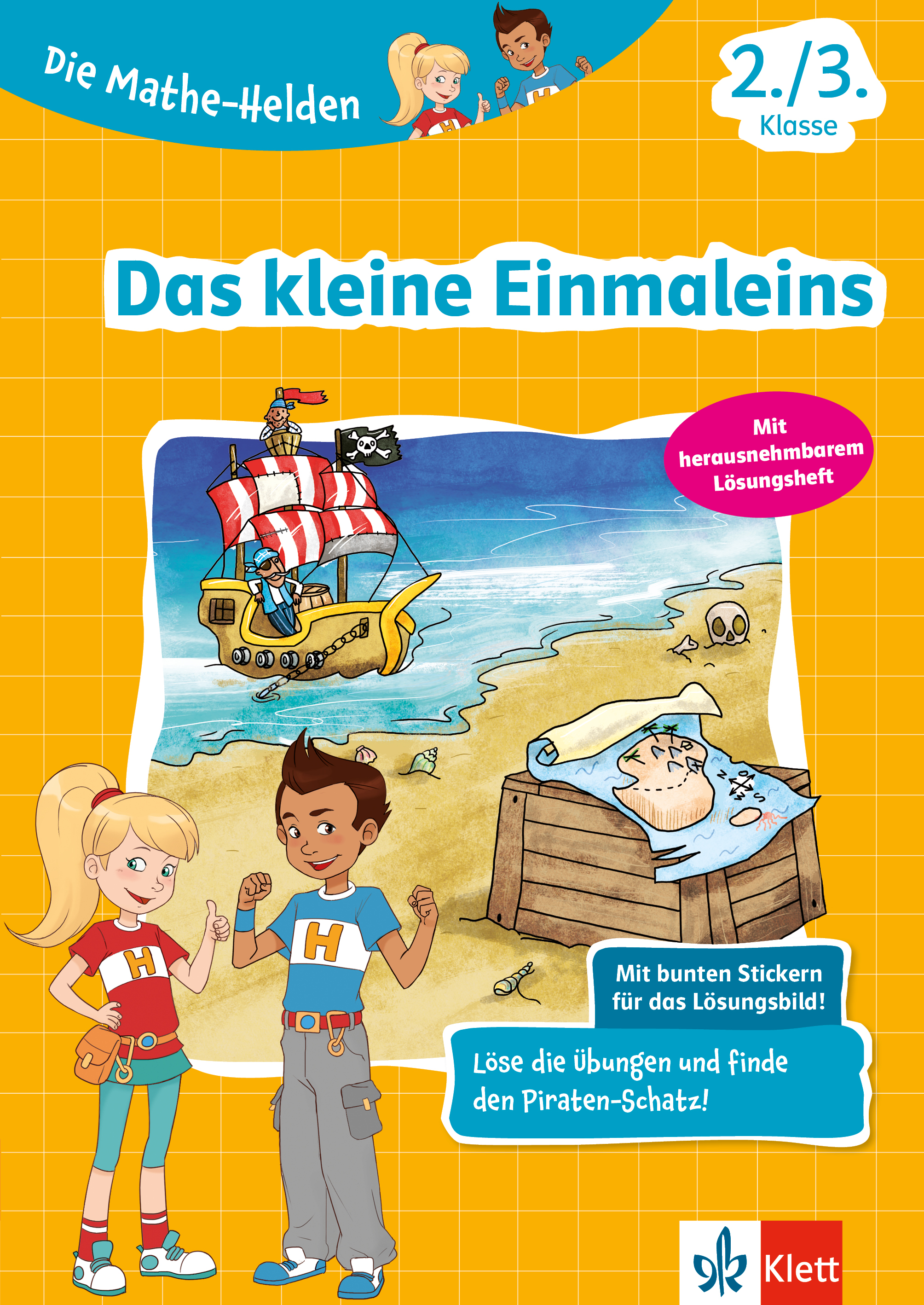 Umschlag eines deutschen Mathe-Arbeitsheftes für die Klassen 2 und 3 mit Cartoon-Kindern, einer Schatzkarte, einem Piratenschiff und einem Piraten in der Nähe einer Schatztruhe auf einem gelben Gitterhintergrund.