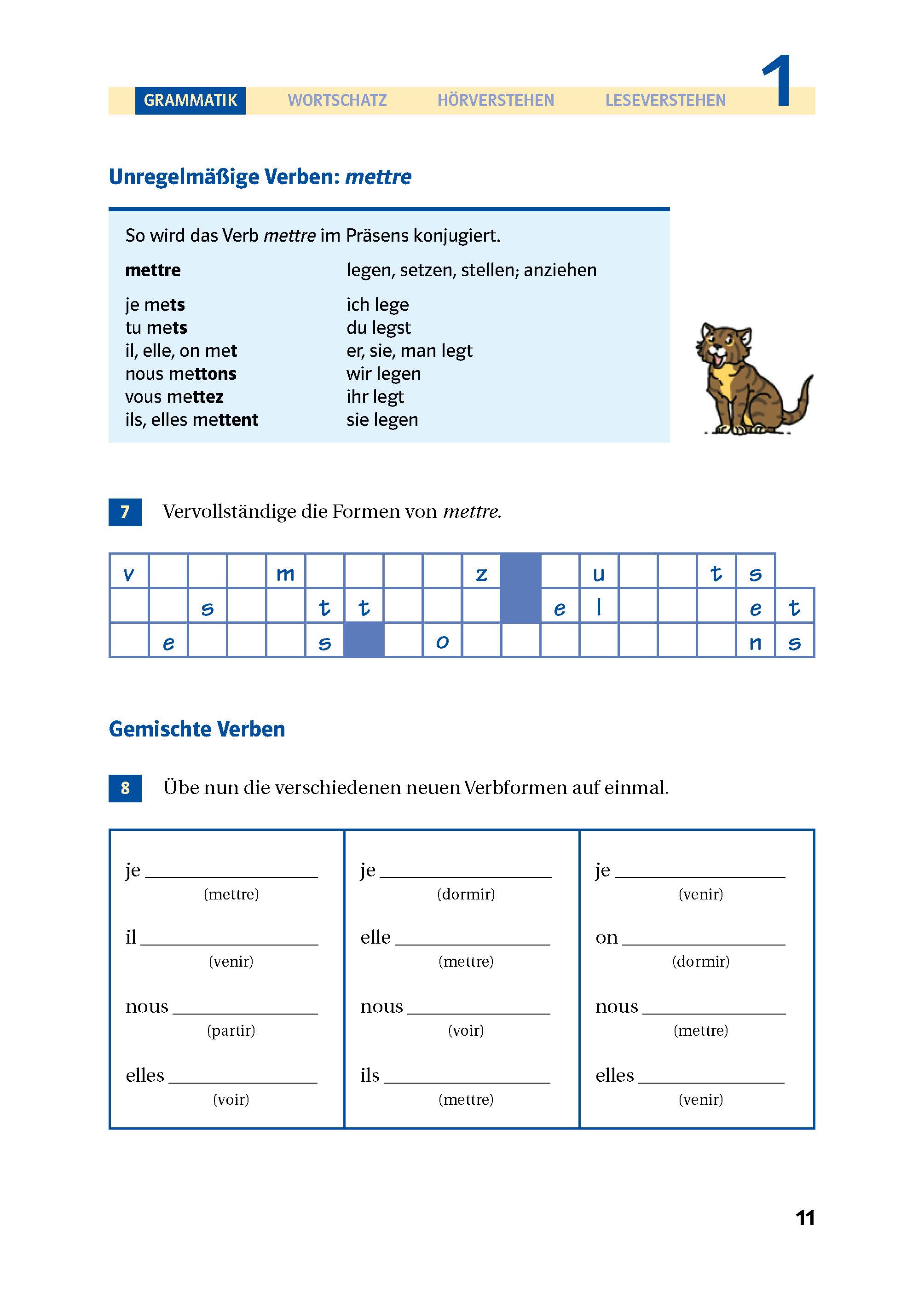 Eine Seite aus einem Arbeitsbuch zur französischen Grammatik, die die Konjugation des Verbs mettre zeigt, mit einer Tabelle, einer Katzenillustration und Übungen zum Ausfüllen der Felder für die Verbformen.