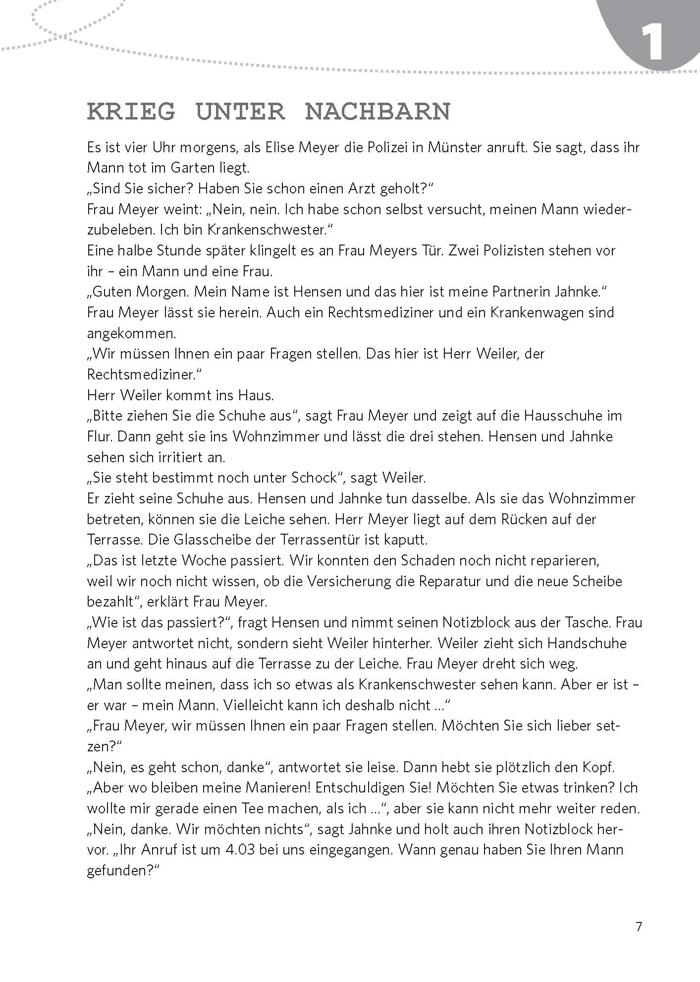 Eine Seite aus einem deutschen Buch mit dem Titel Krieg unter Nachbarn. Der Text ist in Absätzen formatiert und enthält Dialoge zwischen mehreren Personen, darunter Polizisten und Frau Meyer.