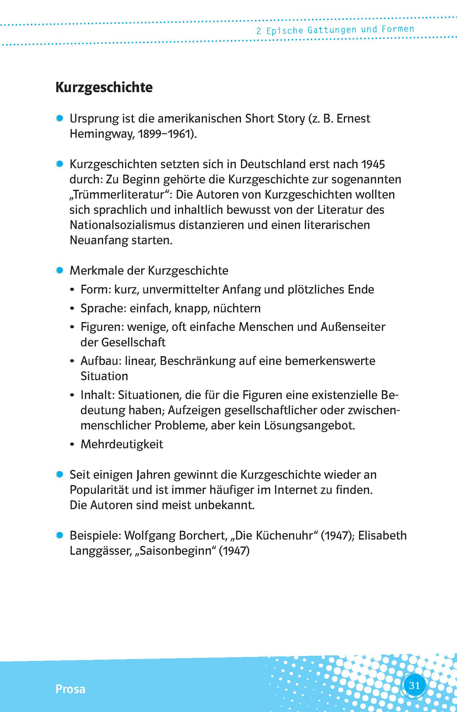 Eine Lehrbuchseite in deutscher Sprache erklärt die Merkmale der Kurzgeschichte, indem sie die wichtigsten Merkmale in Stichpunkten auflistet und den Kontext ihrer historischen Entwicklung darstellt.