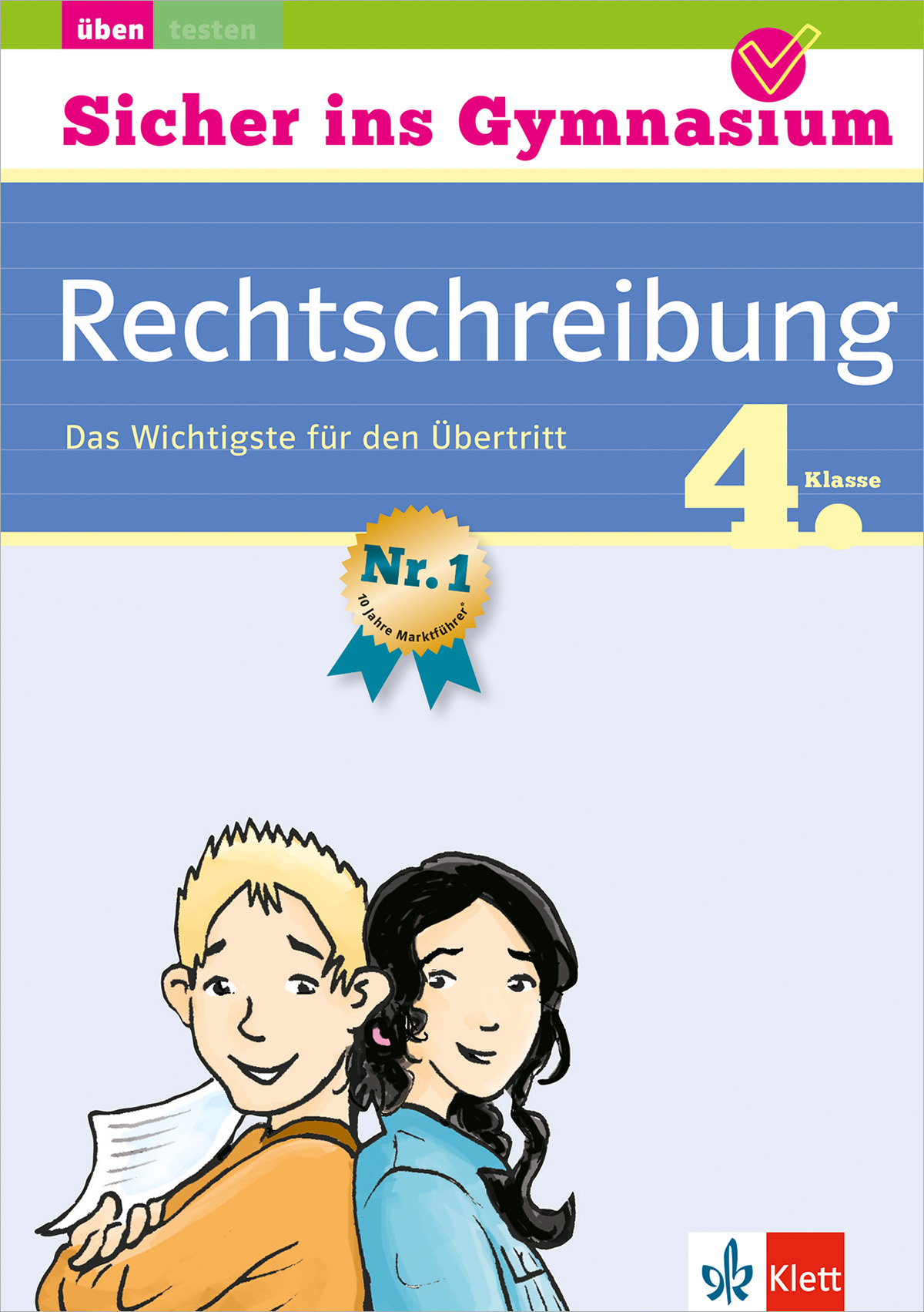 Buchumschlag für Sicher ins Gymnasium: Rechtschreibung 4. Klasse mit illustriertem Jungen und Mädchen, blauem Band und Klett-Logo.
