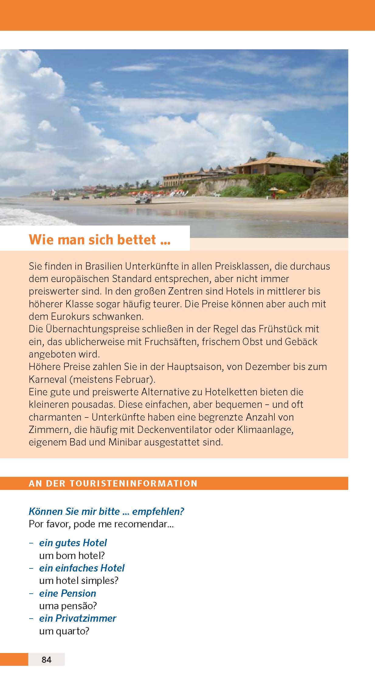 Eine Informationsbroschüre in deutscher Sprache gibt Auskunft über Übernachtungspreise, Frühstück, saisonale Preisschwankungen und alternative Unterkunftsmöglichkeiten für Touristen.