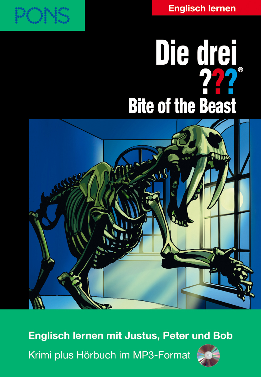 Das Buchcover zeigt ein großes Dinosaurierskelett in einem Raum mit blauen Wänden und vergitterten Fenstern mit dem Titel Die drei ?? Bite of the Beast mit englischen Lerninformationen am unteren Rand.