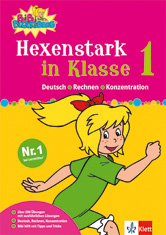 Umschlag eines Arbeitsbuchs für Kinder mit dem Titel Hexenstark in Klasse 1 mit einem illustrierten Mädchen mit blondem Haar in einem Pferdeschwanz, das auf einem hellrosa und grünen Hintergrund läuft.