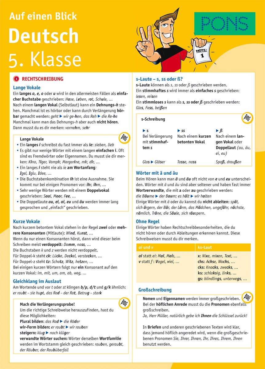 Ein Nachschlagewerk zur deutschen Sprache für die 5. Klasse, das Rechtschreibung, Phonetik, lange und kurze Vokale sowie Grammatikregeln mit hervorgehobenen Tipps und Beispielen behandelt.