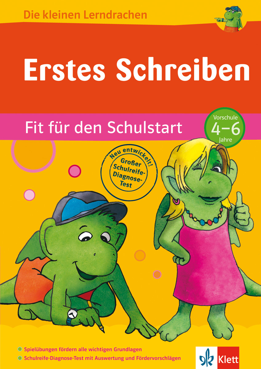 Umschlag eines deutschen pädagogischen Arbeitsbuchs mit dem Titel Erstes Schreiben, das zwei Zeichentrickdrachen zeigt, von denen einer einen Stift und Papier in der Hand hält, und sich an Vorschulkinder im Alter von 4-6 Jahren richtet.