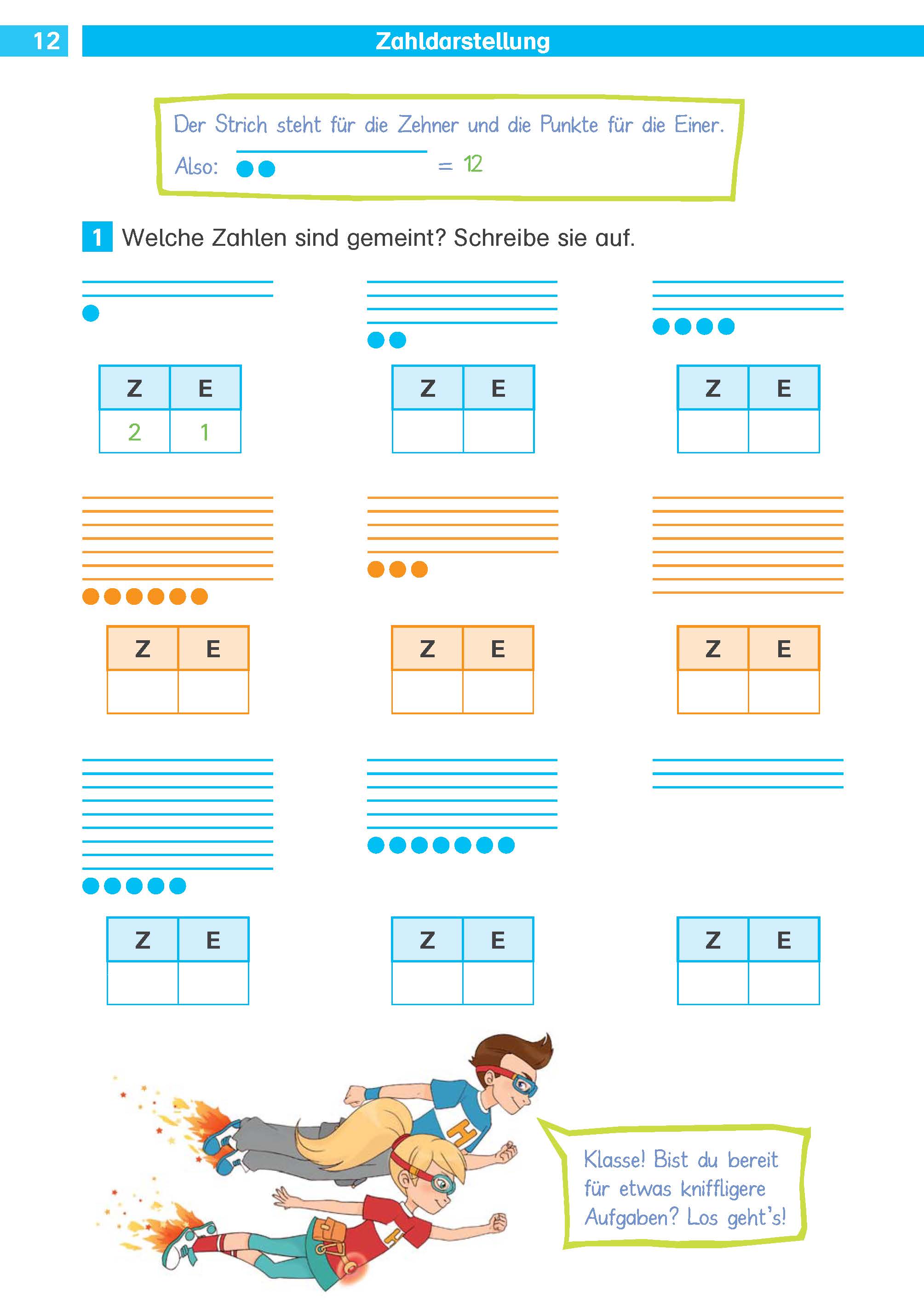 Ein deutsches Mathe-Arbeitsblatt zeigt Stellenwertkästchen für Zehner (Z) und Einer (E), mit Zahlen und Punkten, die die zu schreibenden Zahlen illustrieren. Zwei Cartoon-Kinder erscheinen am unteren Rand.