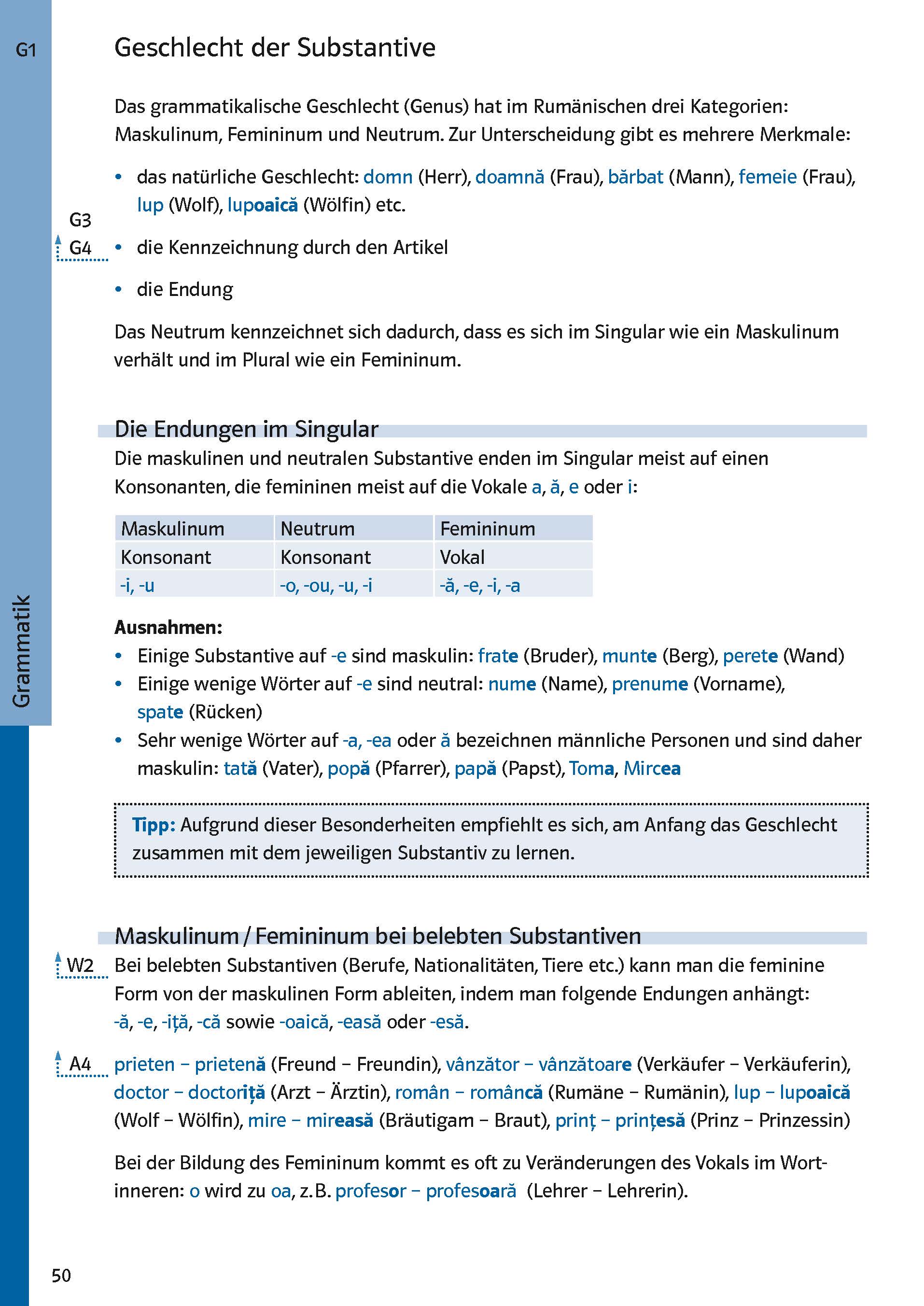 Eine Seite aus einem deutschen Lehrbuch, die das grammatikalische Geschlecht der rumänischen Substantive erklärt, mit Tabellen und Anmerkungen zu männlichen, sächlichen und weiblichen Formen.
