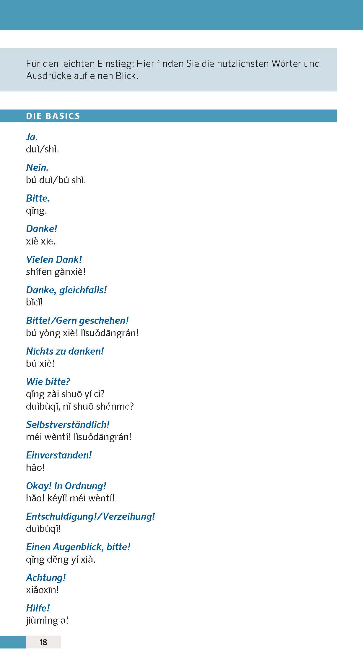 Auf einer Seite eines deutschen Sprachführers sind die wichtigsten deutschen Sätze mit ihren chinesischen Übersetzungen abgebildet, darunter Begrüßungen, Danksagungen, Bitten und Ausdrücke für Zustimmung oder Entschuldigung.