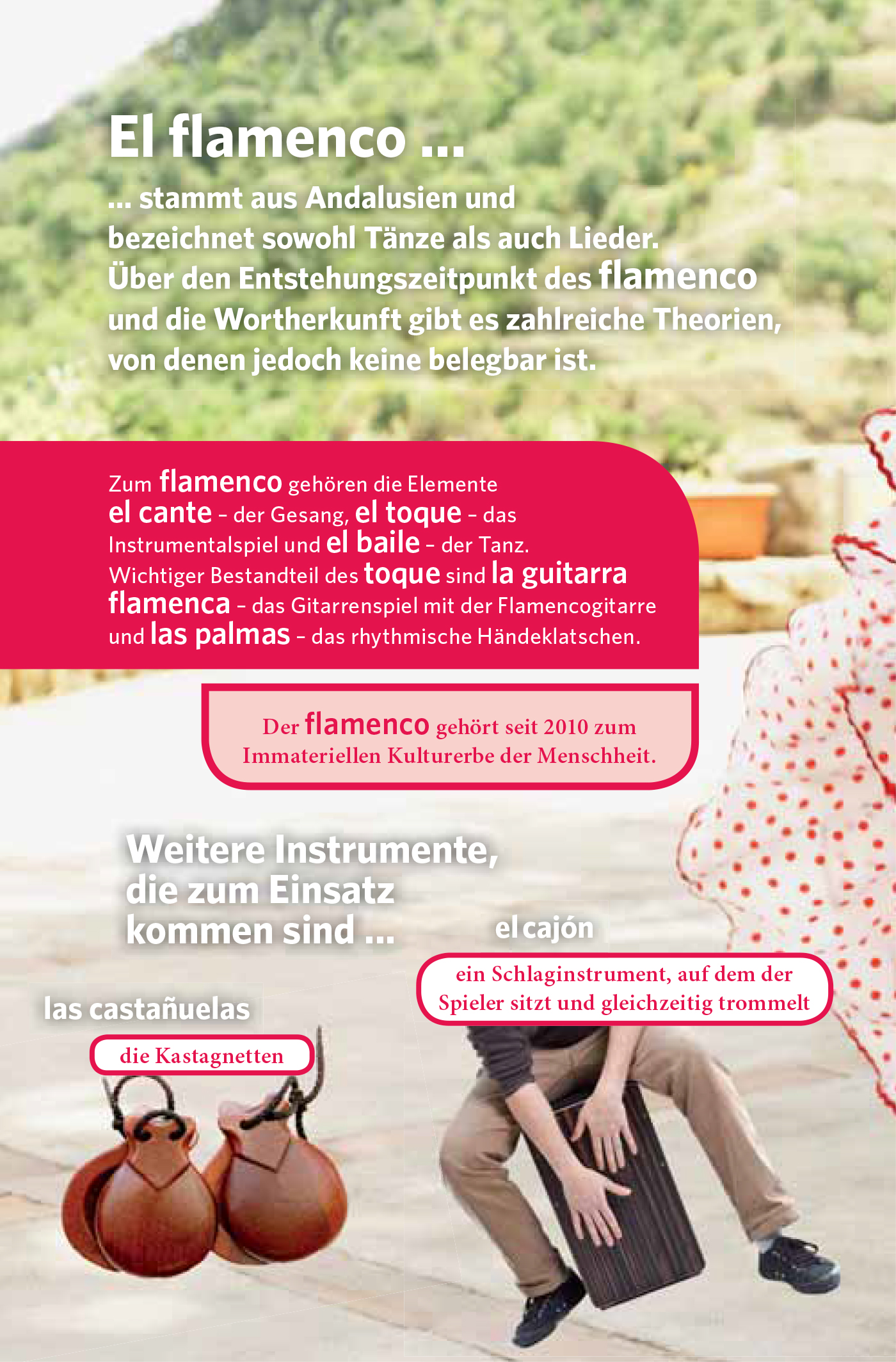 Informatives deutschsprachiges Plakat über den Flamenco, das seine Ursprünge, Schlüsselelemente, Instrumente und den Status als UNESCO-Kulturerbe beschreibt, mit dekorativen Abbildungen von Instrumenten und Tänzern.