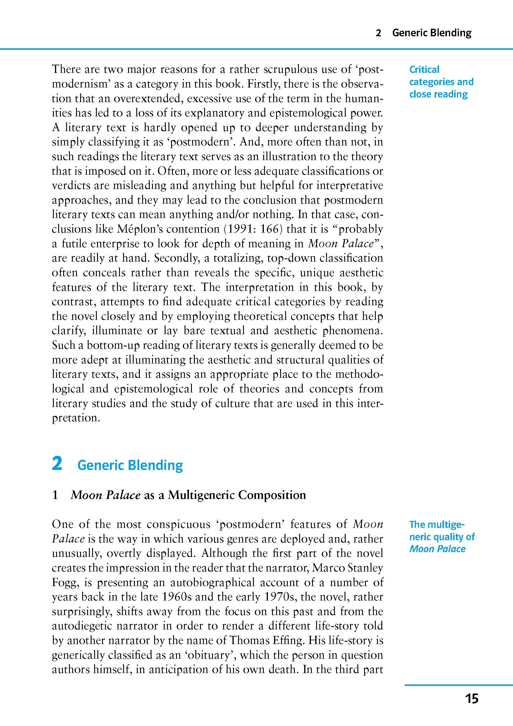 Auf einer Lehrbuchseite wird die Postmoderne in der Literaturtheorie erörtert, wobei die Herausforderungen und Grenzen der Einstufung von Texten als postmodern erwähnt werden. Die Seitenzahl 15 ist am unteren Rand sichtbar.