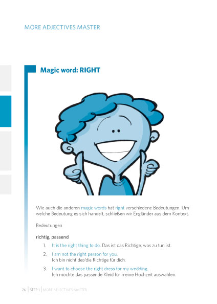 Eine Zeichentrickfigur, die lächelt und nach oben zeigt, erscheint neben einem Text, der die verschiedenen Bedeutungen des englischen Wortes right mit Beispielsätzen auf Deutsch und Englisch erklärt.
