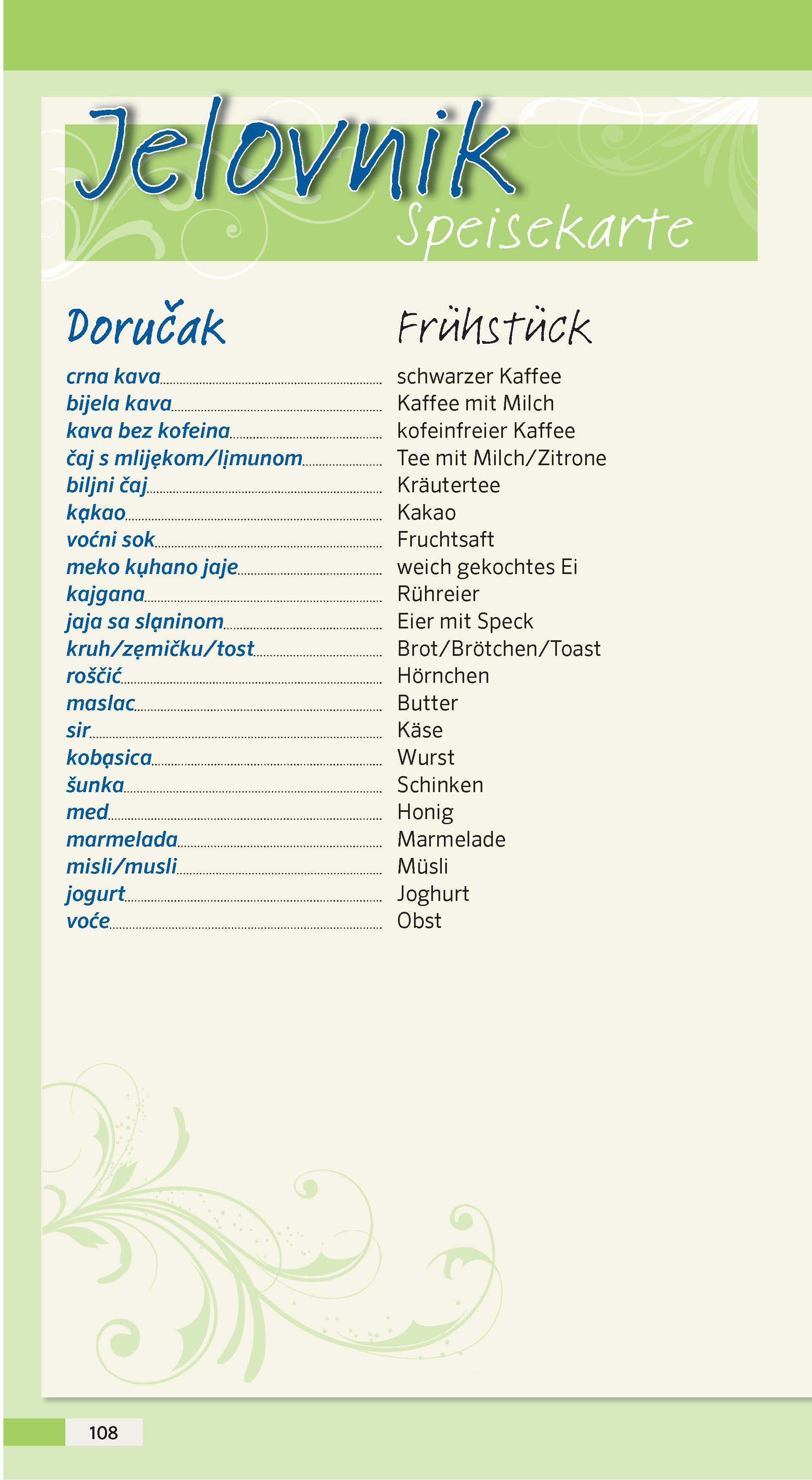 Auf einer zweisprachigen Frühstückskarte sind verschiedene Getränke, Eier, Brot, Obst, Milchprodukte und Aufstriche sowohl in kroatischer als auch in deutscher Sprache aufgelistet, mit dekorativen grünen Umrandungen.