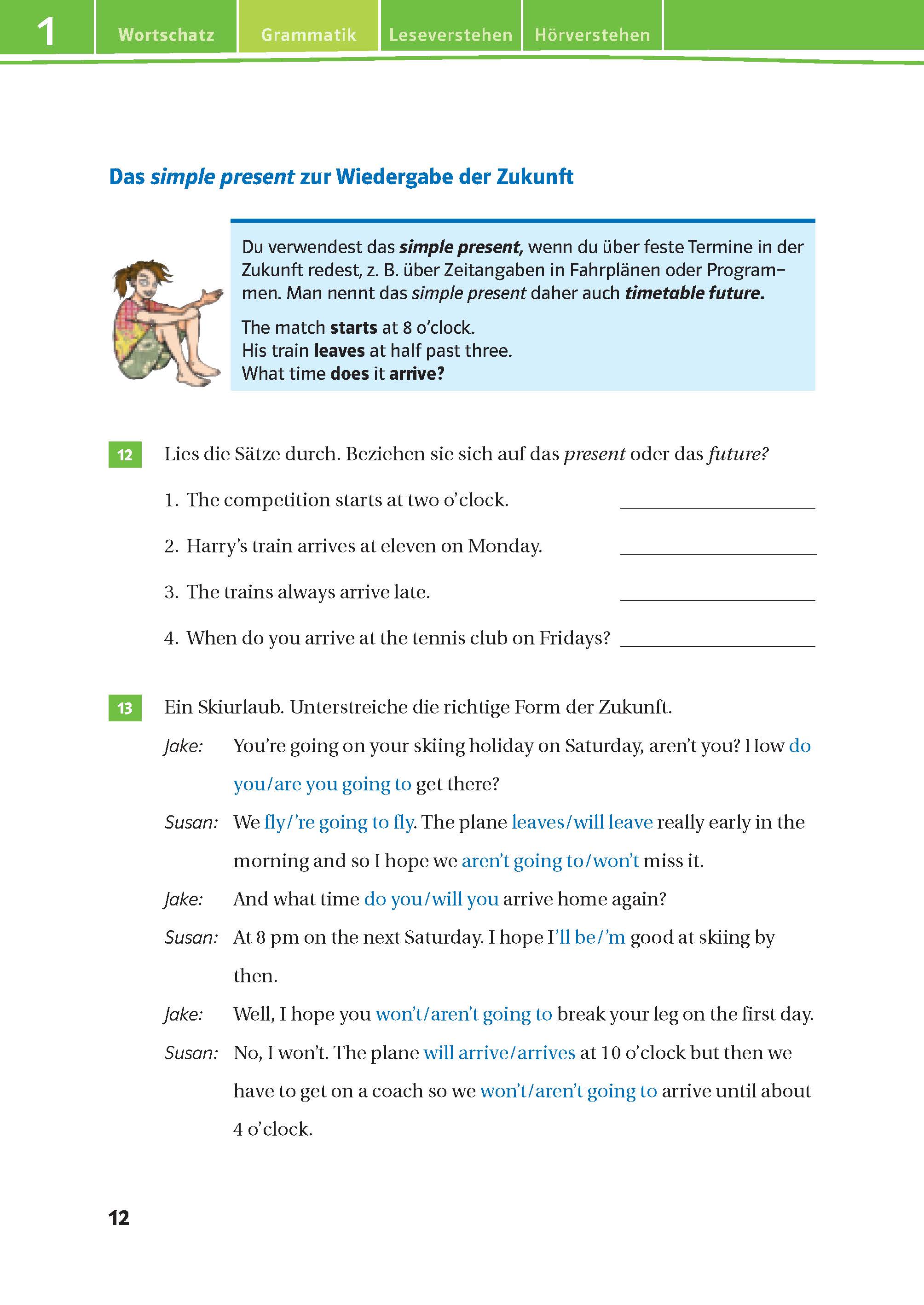 Eine Seite im Deutschlehrbuch erklärt den Gebrauch des Simple Present für zukünftige Ereignisse, mit Beispielen, einer Leseübung und einem Dialog über zukünftige Pläne.