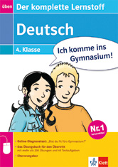 Umschlag eines Deutsch-Lehrbuchs für die 4. Klasse mit dem Titel Deutsch, mit zwei Cartoon-Kindern und einer Sprechblase mit der Aufschrift Ich komme ins Gymnasium!.