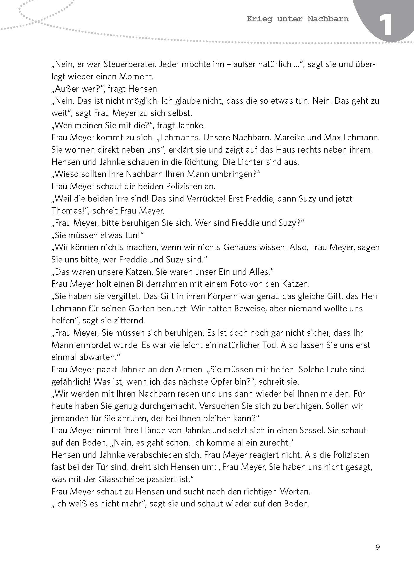 Eine Seite aus einem deutschsprachigen Buch zeigt einen Dialog zwischen Nachbarn, die mögliche Probleme mit anderen Nachbarn diskutieren, mit Text in schwarzer Schrift auf weißem Hintergrund.