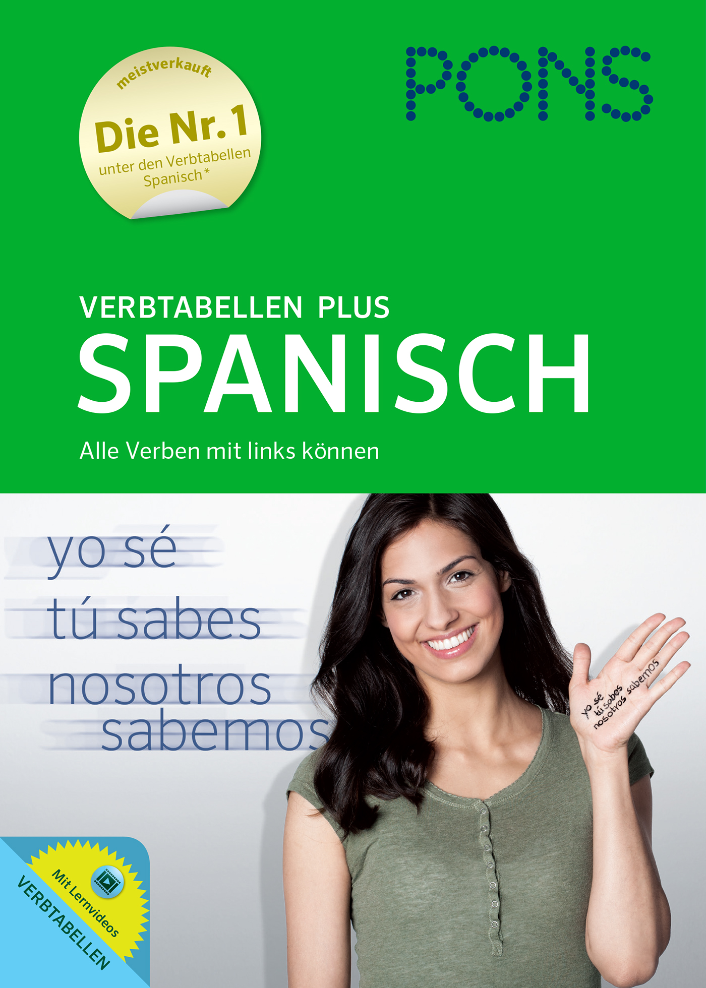 Cover eines spanischen Verbtabellenbuchs von PONS mit einer lächelnden Frau, die den Daumen nach oben streckt, mit spanischen Verben und Werbetext auf Deutsch.