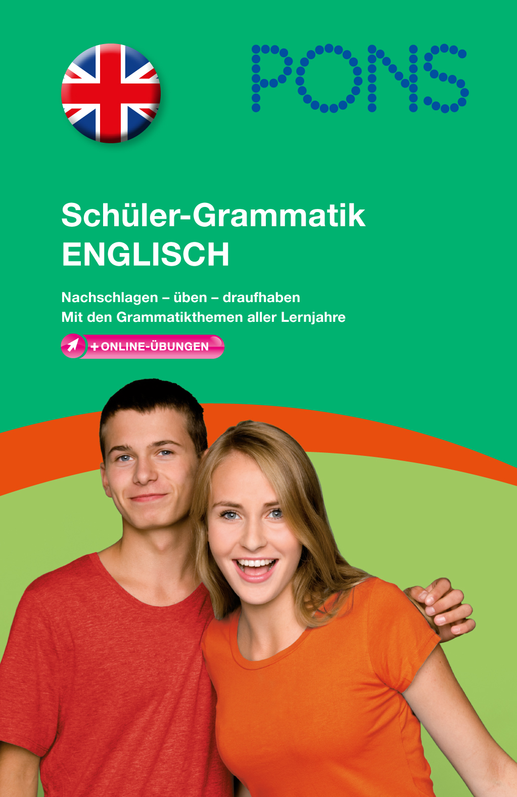 Umschlag eines deutsch-englischen Grammatiklehrbuchs für Schüler mit einem lächelnden Teenager und einem Mädchen, mit englischem und deutschem Text und einem Symbol der britischen Flagge.