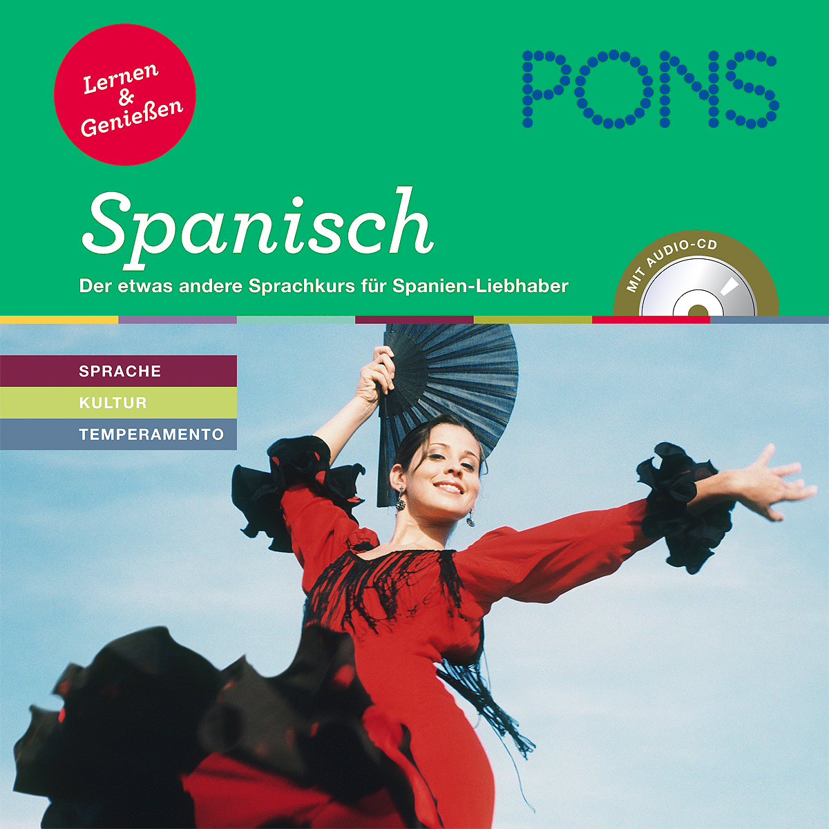 Eine Frau in einem roten Kleid tanzt Flamenco; das Bild ist auf einem Buchcover für PONS Spanisch, einem Spanisch-Lernkurs mit kulturellen Themen.