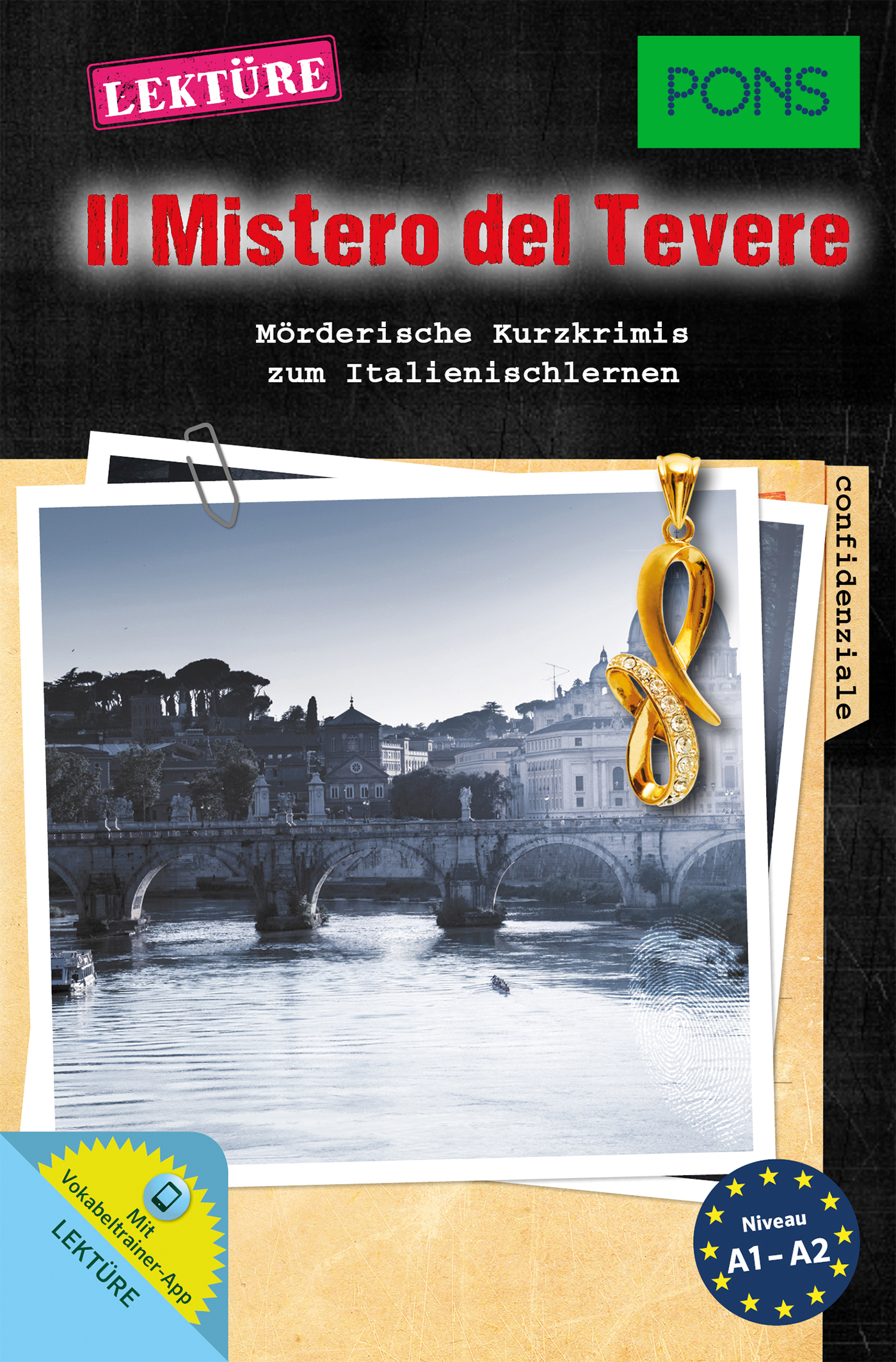 Buchumschlag von Il Mistero del Tevere mit einem Schwarz-Weiß-Foto einer Flussszene in Rom, einem Goldanhänger und verschiedenen Textelementen in deutscher und italienischer Sprache.