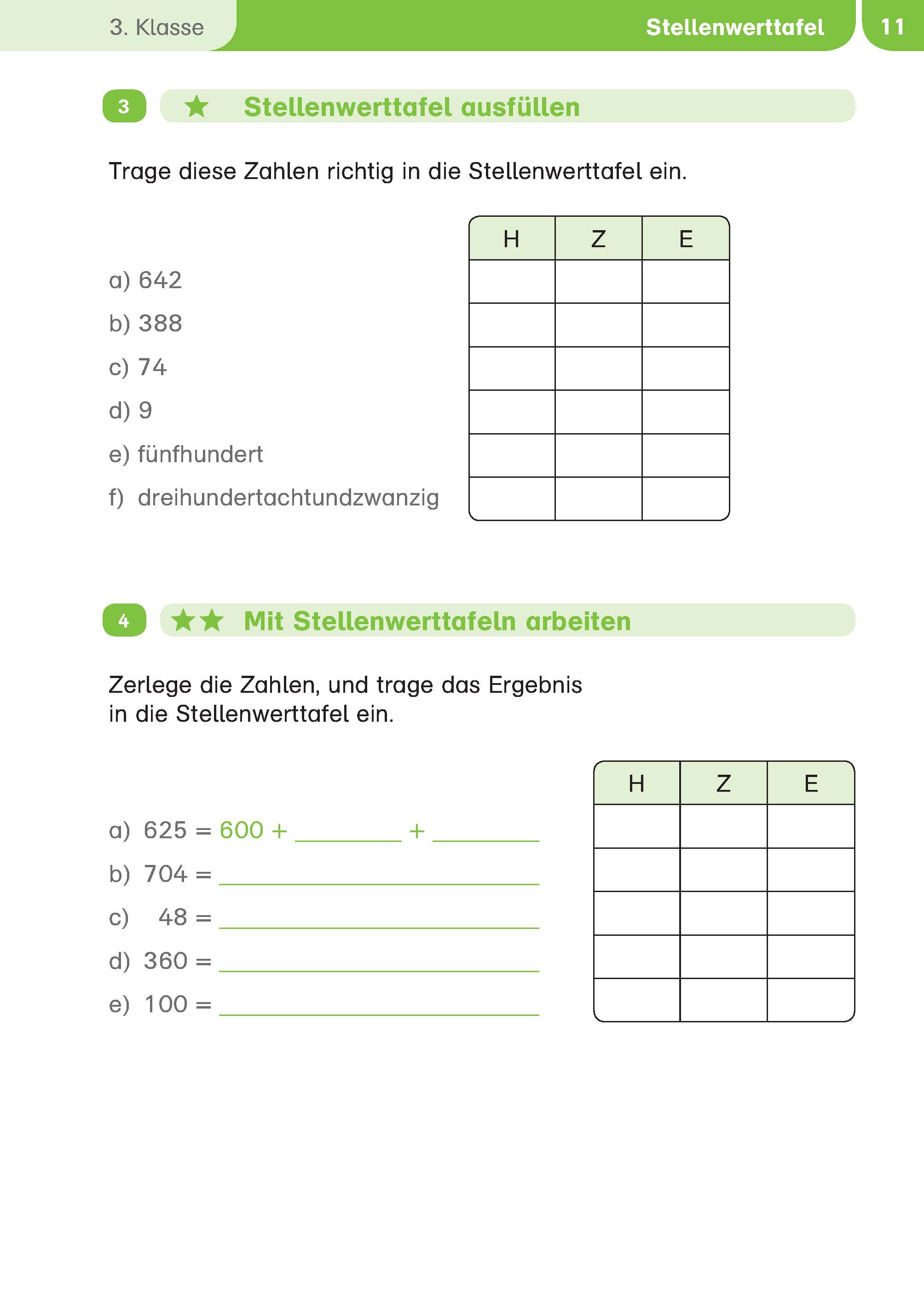 Ein deutsches Arbeitsblatt mit Tabellen für Stellenwertübungen, in denen die Zahlen in Hunderter (H), Zehner (Z) und Einer (E) unterteilt sind.