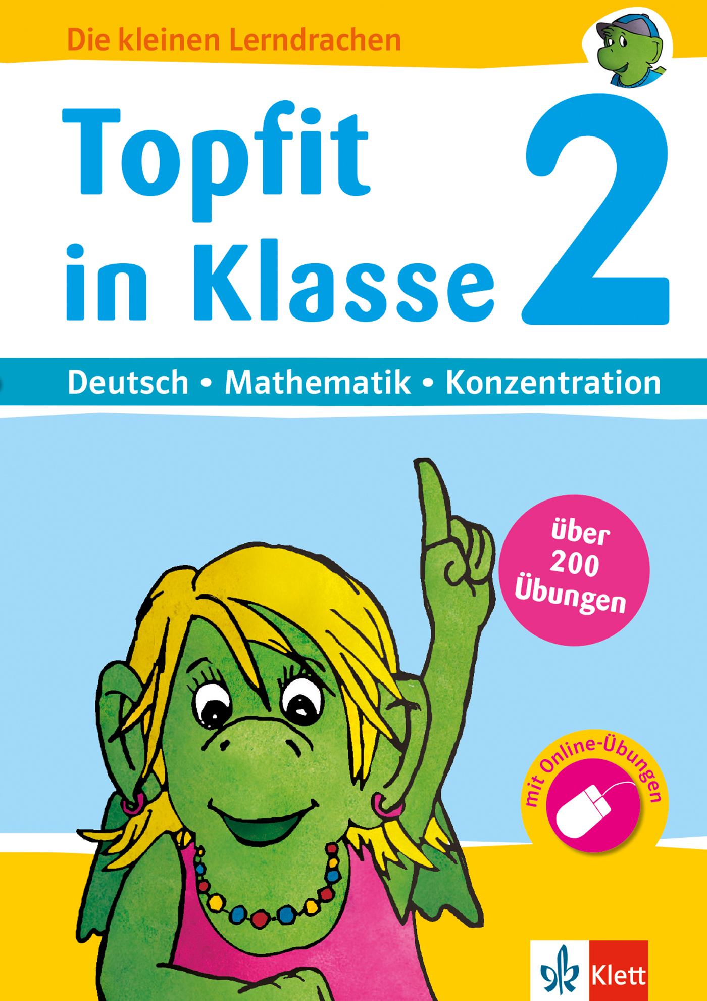 Buntes Buchcover mit einem grünen Cartoon-Drachen, der einen Finger hebt, mit dem Titel Topfit in Klasse 2 für Deutsch, Mathe und Konzentrationsübungen, mit über 200 Übungsaufgaben.