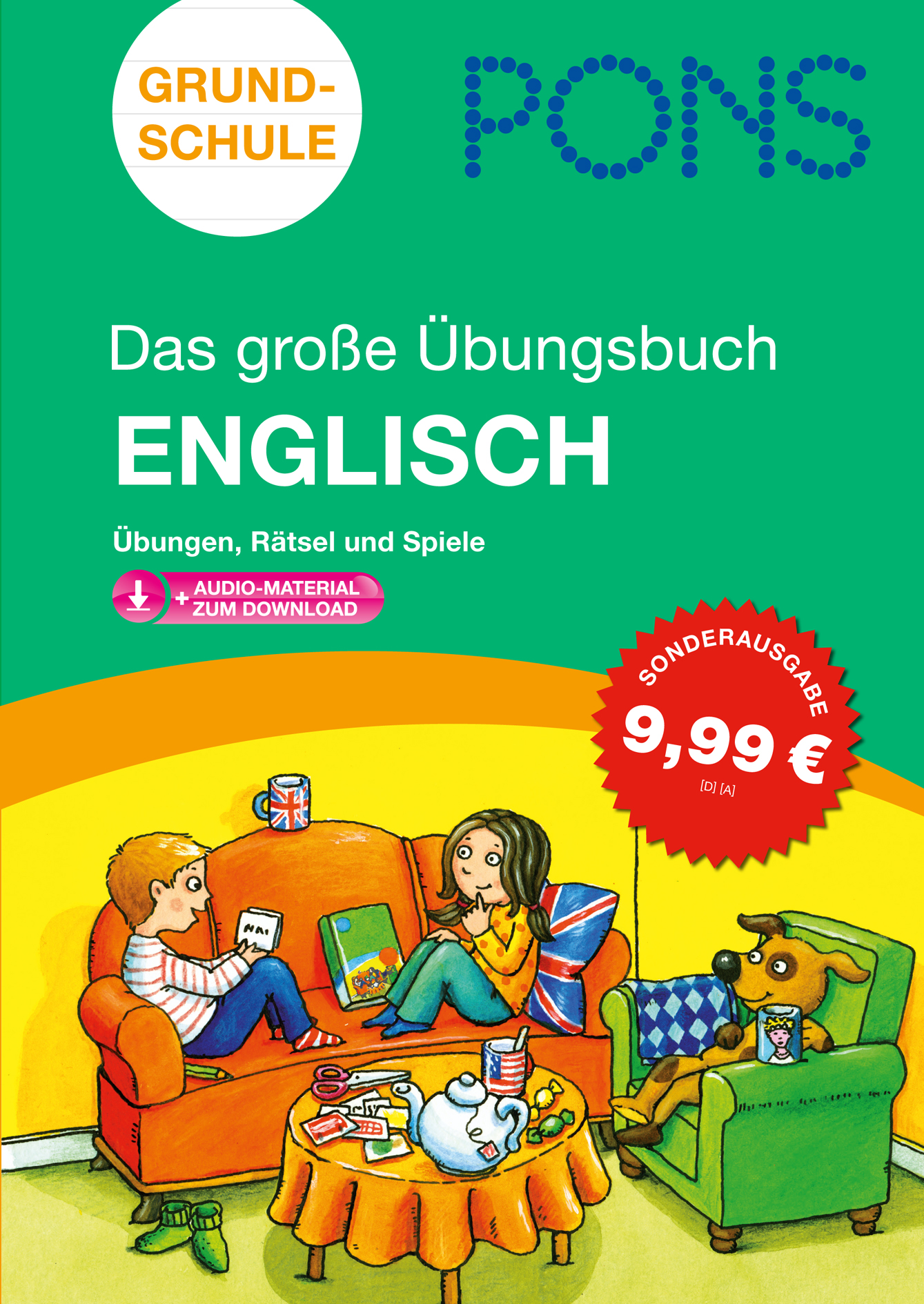 Der Umschlag eines Deutsch-Englisch-Heftes für die Grundschule zeigt drei Kinder in einem Wohnzimmer mit Büchern und Getränken, mit einem Preisschild von 9,99 Euro.