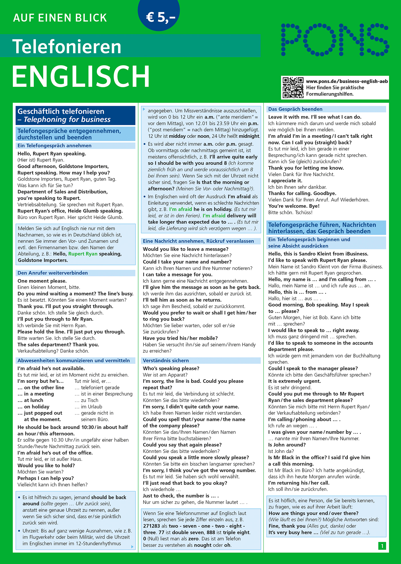 Ein Referenzblatt mit dem Titel Telefonieren ENGLISCH von PONS zeigt auf grünem und blauem Hintergrund deutsch-englische Phrasen für geschäftliche Telefongespräche, inklusive Vokabeln, Beispieldialogen und Tipps.