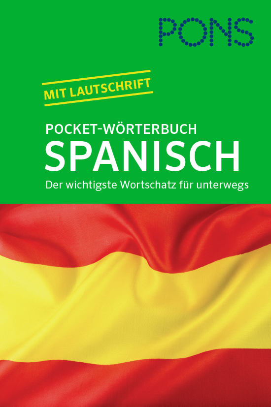 Umschlag eines deutsch-spanischen Taschenwörterbuchs mit Text und spanischer Flagge, herausgegeben von PONS.