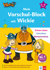 Buntes deutsches Arbeitsbuch mit Cartoon-Wikingerfiguren unter dem Titel Mein Vorschul-Block mit Wickie für die Altersgruppe 4-6 Jahre mit den Schwerpunkten Lesen, Schreiben und Konzentrationsfähigkeit.