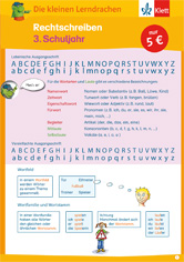 Umschlag eines Arbeitsbuchs zur deutschen Rechtschreibung für die 3. Klasse mit Alphabettafeln, Grammatikregeln und Cartoon-Illustrationen mit einem roten Preisschild, auf dem 5 € angegeben sind.