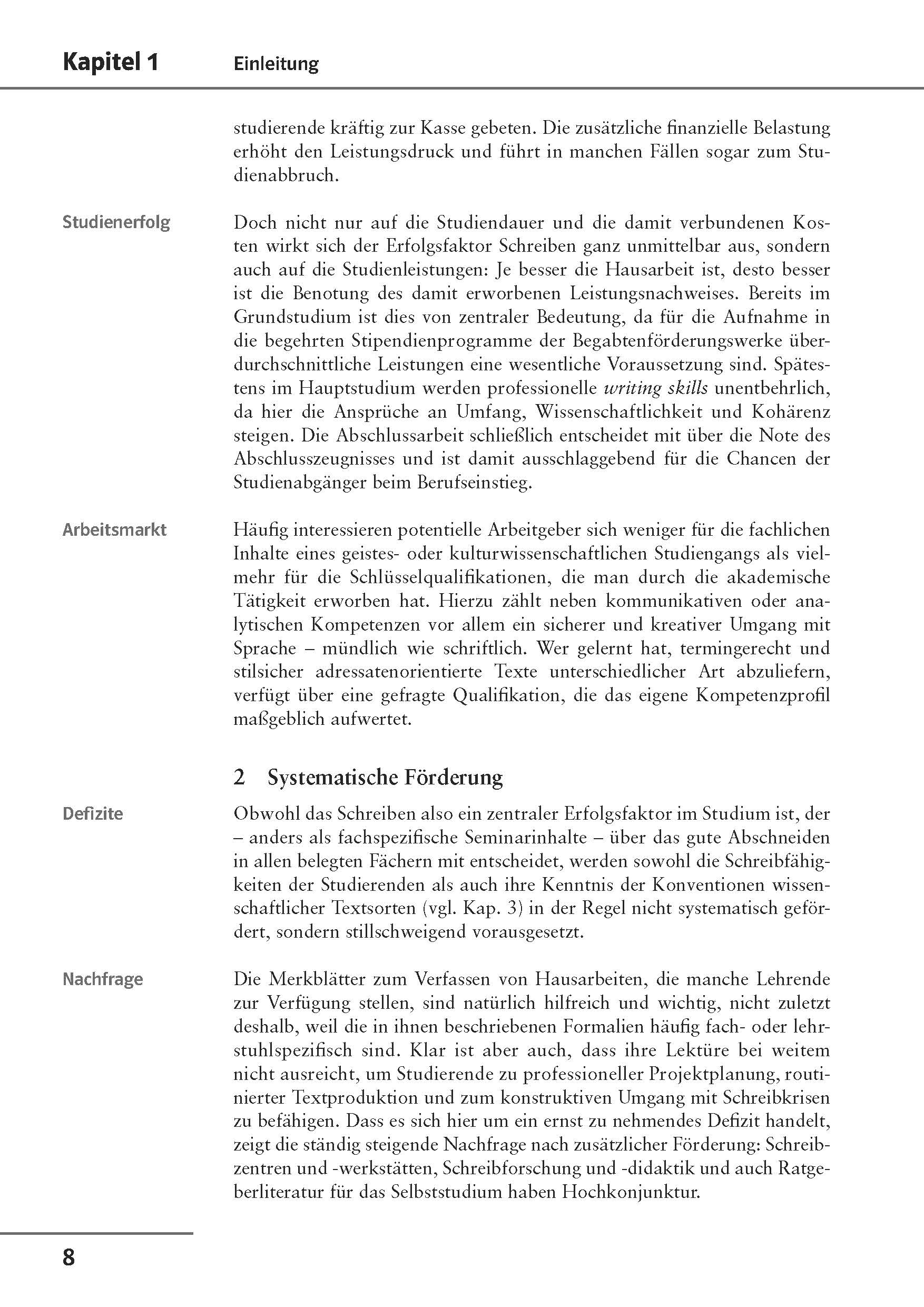 Auf einer Lehrbuchseite mit der Überschrift Kapitel 1 Einleitung werden die finanziellen und akademischen Herausforderungen von Universitätsstudenten erörtert, wobei Studienaufwand, Arbeitsbelastung und Defizite erwähnt werden.