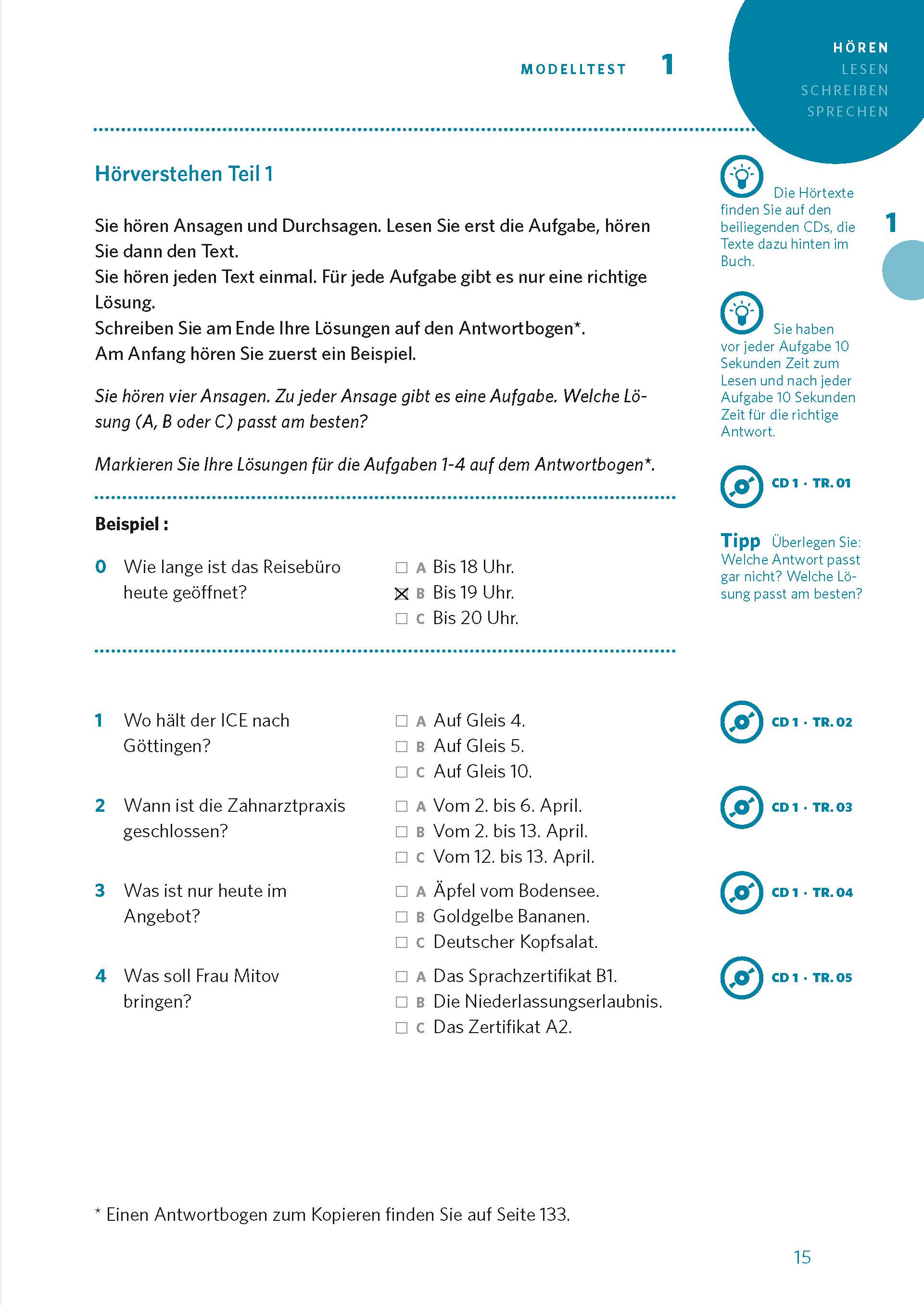 Eine Testseite zum deutschen Hörverstehen mit Anweisungen, vier Multiple-Choice-Fragen, einer Beispielfrage und Tipps in der Seitenleiste in einem blau-weißen Layout.