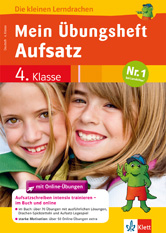 Umschlag eines deutschen Arbeitsheftes mit dem Titel Mein Übungsheft Aufsatz 4. Klasse mit zwei lächelnden Mädchen und einem Cartoon-Drachenmaskottchen in der Ecke.