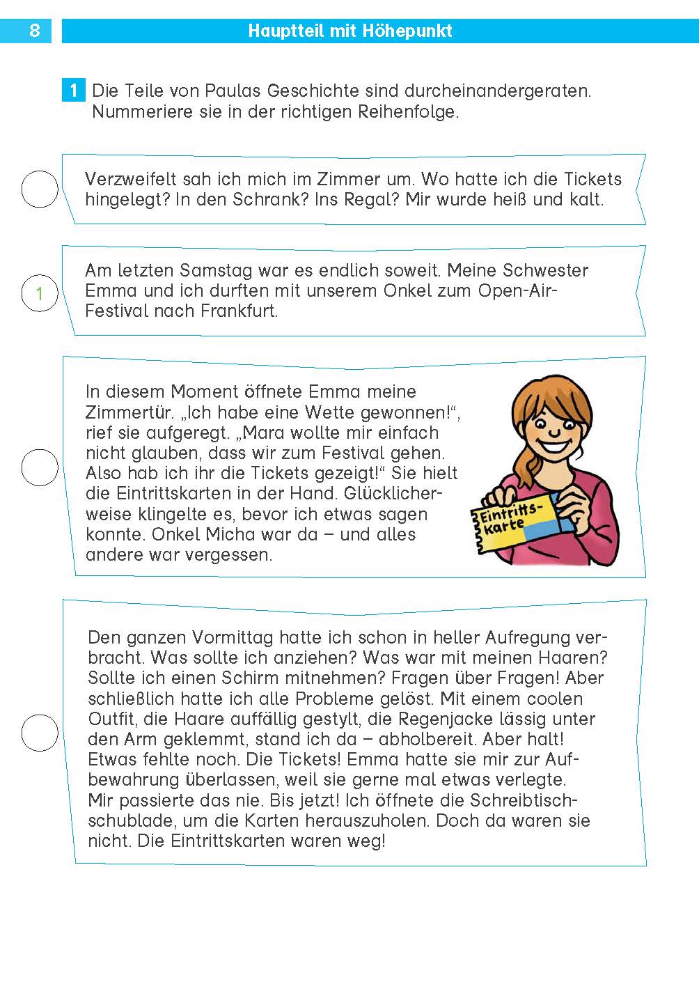 Seite aus einem deutschsprachigen Arbeitsheft mit einer Übung zum Leseverstehen über den Besuch eines Open-Air-Festivals, mit nummerierten Sprechblasen und Illustrationen eines Mädchens und von Eintrittskarten.