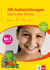 Umschlag eines deutschen Arbeitsbuchs mit dem Titel 200 Aufsatzübungen wie in der Schule für die Klassen 2-4, mit einem lächelnden Mädchen und einem grünen Drachen mit Büchern.