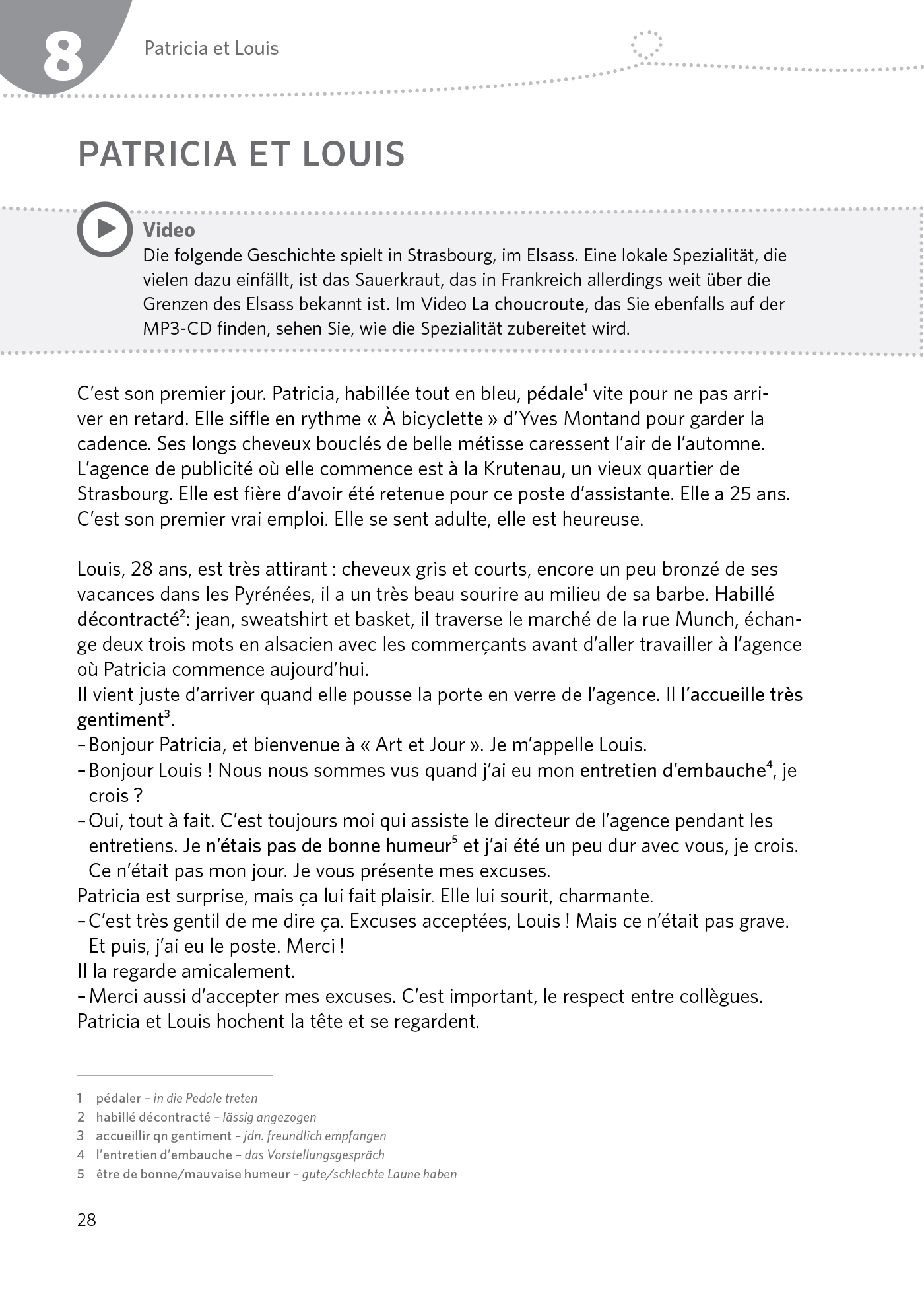 Eine Seite aus einem Buch oder einer Zeitschrift in französischer und deutscher Sprache mit dem Titel Patricia et Louis, die einen erzählenden Text und eine kleine Illustration von zwei Personen enthält, die zusammen Rad fahren.