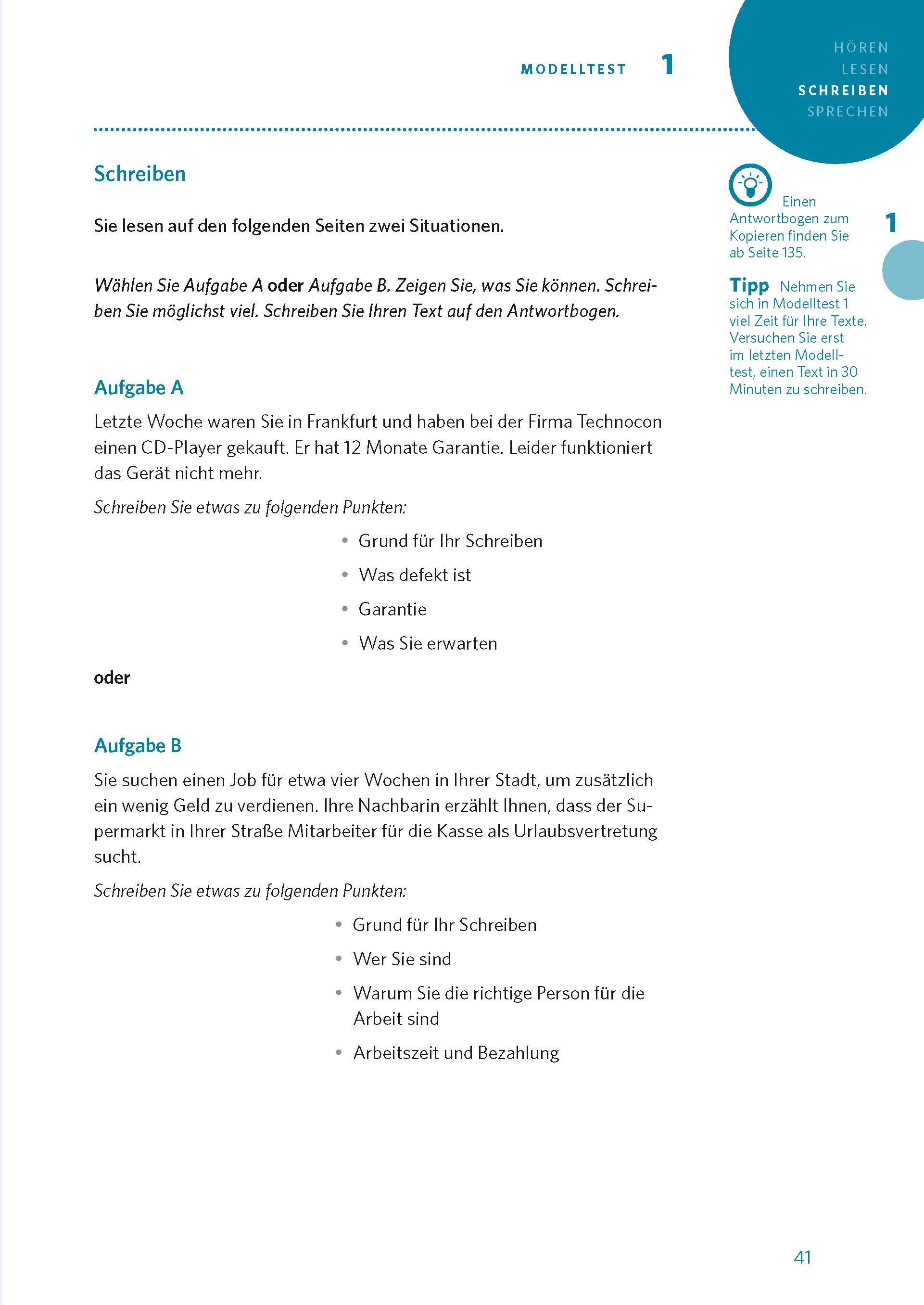 Auf einer Arbeitsbuchseite in deutscher Sprache werden zwei Schreibaufgaben vorgestellt: eine, bei der es darum geht, sich über einen kaputten CD-Player zu beschweren, und eine andere, bei der es darum geht, einen neuen Job zu beschreiben. Anleitung...