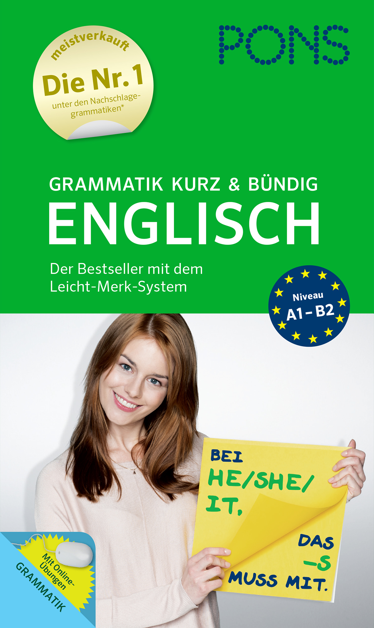 Eine junge Frau hält ein gelbes Schild mit englischen Pronomen in der Hand; auf dem Buchumschlag wirbt ein grün, blau und gelb gestalteter deutscher Text für einen englischen Grammatikführer für die Niveaustufen A1 bis B2.