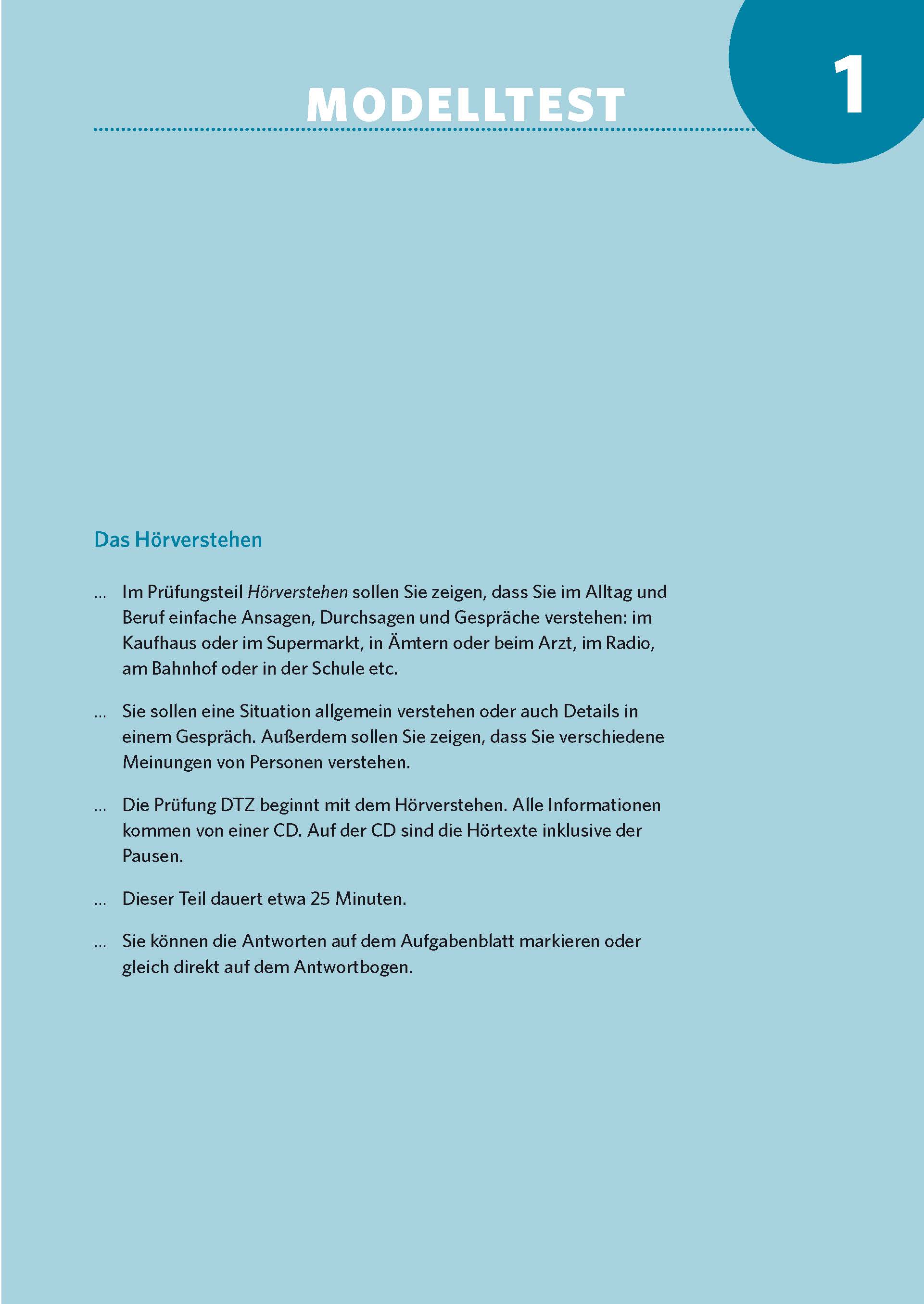 Eine blaue Seite mit der Aufschrift Modelltest 1 mit deutschem Text, der den Hörverstehensteil einer Prüfung erklärt, einschließlich Anweisungen und Dauer. Weiße Punkte und Linien zieren die linke Seite.