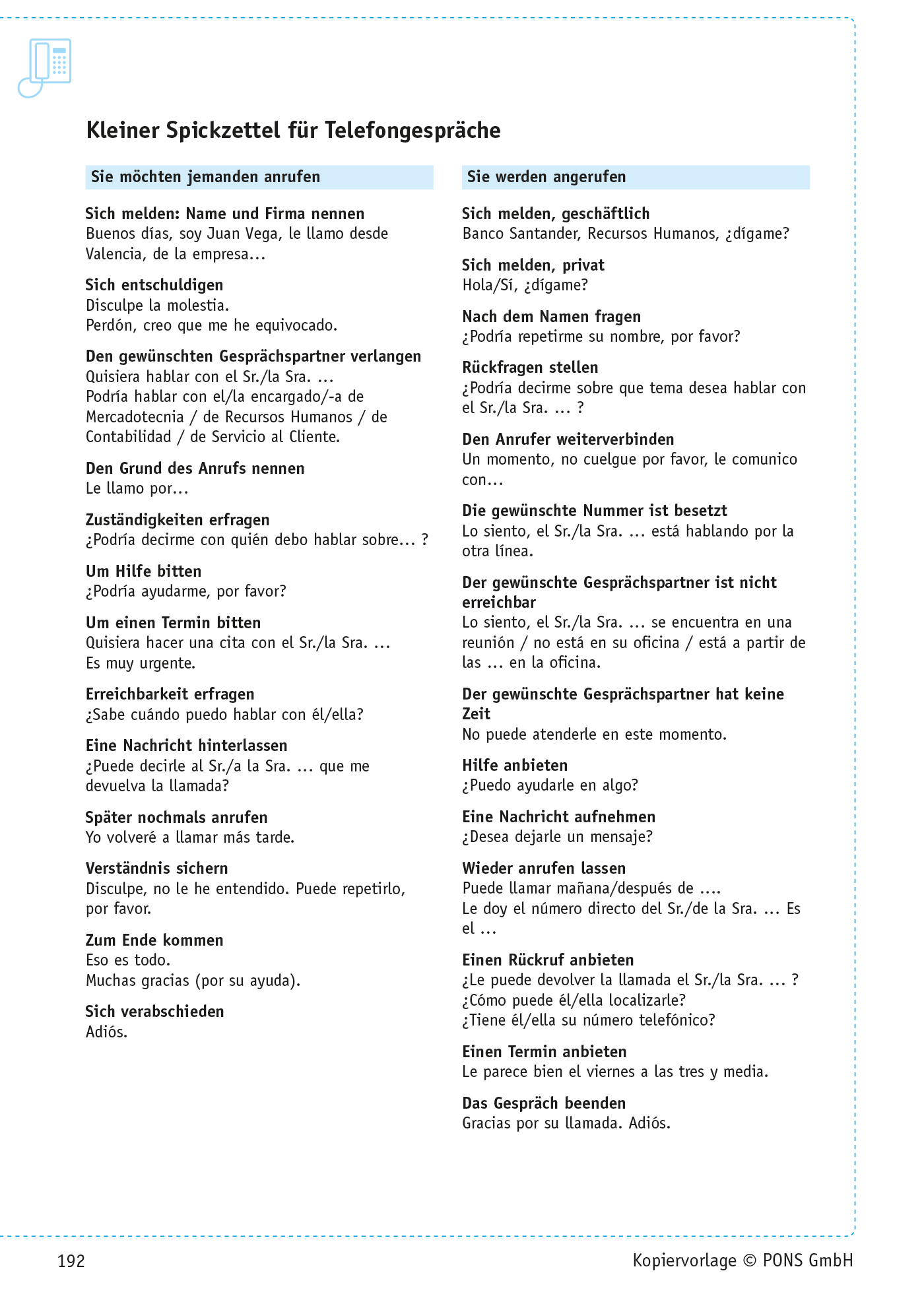 Ein deutsch-spanischer Spickzettel für Telefongespräche, unterteilt in Abschnitte für das Anrufen und Annehmen von Anrufen, mit Beispieldialogen und Übersetzungen.