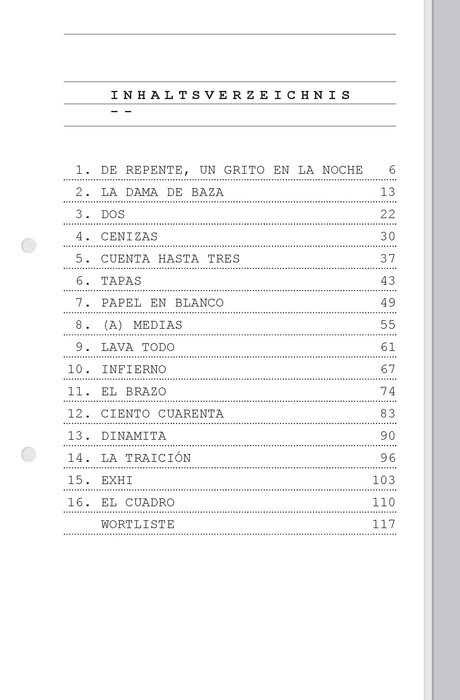 Inhaltsverzeichnis auf Spanisch mit 17 Einträgen und entsprechenden Seitenzahlen, darunter Titel wie DE REPENTE, UN GRITO EN LA NOCHE und TAPAS.