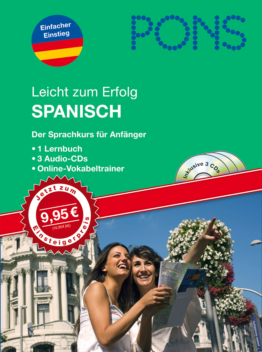 Umschlag eines deutschen Spanischkursbuchs mit zwei lächelnden Frauen, die eine Landkarte in der Hand halten, mit hervorgehobenen Kursdetails und Preisen.