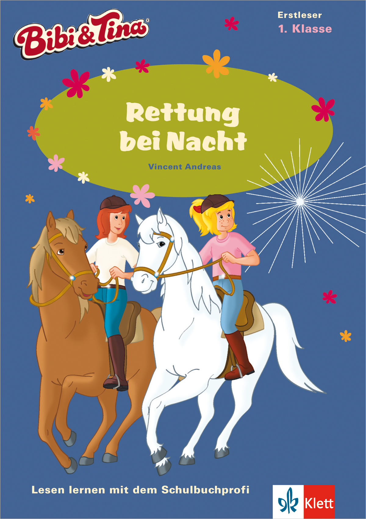 Zwei animierte Mädchen reiten auf einem braunen und einem weißen Pferd vor einem blauen Hintergrund mit bunten Blumen und Feuerwerk; das Buch trägt den Titel Rettung bei Nacht.