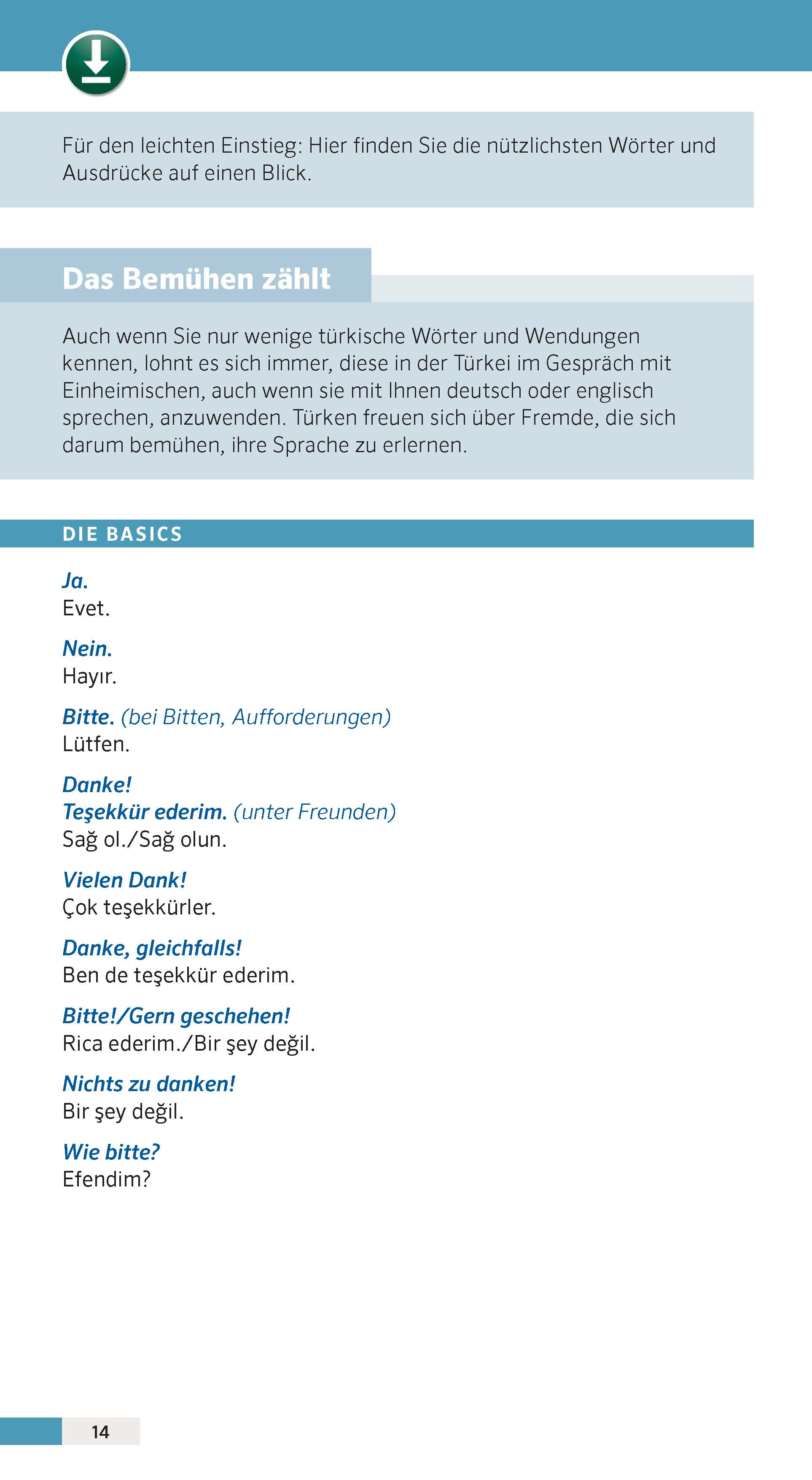 Eine deutsch-türkische Sprachführerseite mit grundlegenden türkischen Redewendungen, ihren deutschen Übersetzungen und Aussprachetipps in einem einfachen Listenformat.