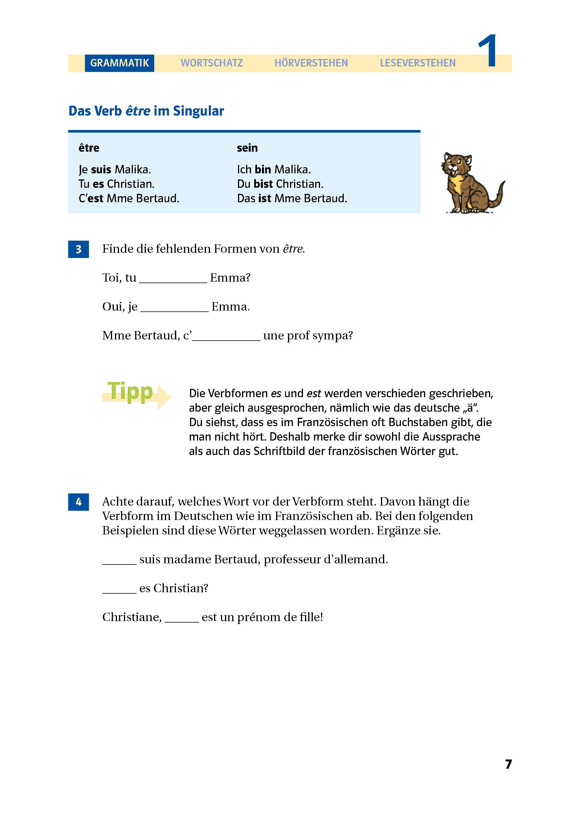 Eine deutsche Lehrbuchseite erklärt das französische Verb être in der Einzahl, mit Übungen und einem Zeichentrickhund in der oberen rechten Ecke.